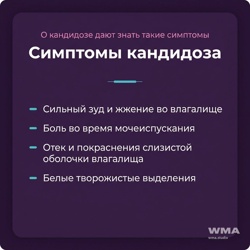 Карточка-памятка «Симптомы кандидоза»: сильный зуд и жжение во влагалище, боль во время мочеиспускания, отек и покраснения слизистой оболочки влагалища, белые творожистые выделения