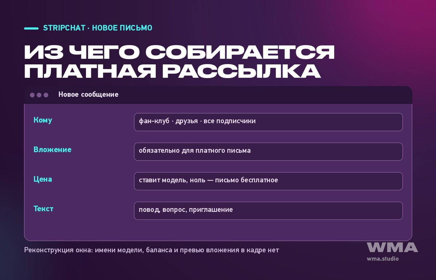 Платная рассылка на Stripchat: схема окна нового письма — база, вложение, цена