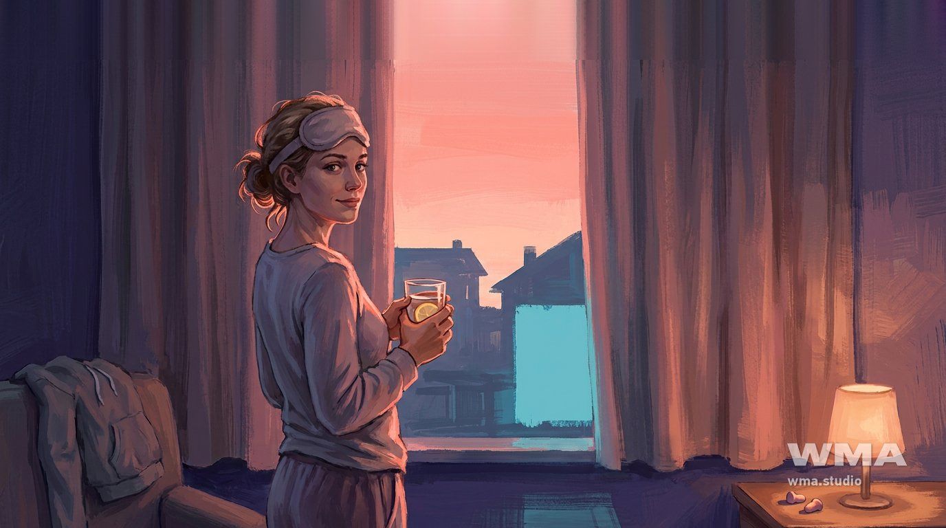 Ночной график вебкам-модели: конец смены на рассвете — тёплая вода с лимоном и маска для сна