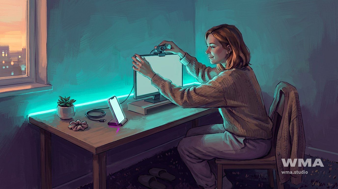 Работа на дому: модель ставит веб-камеру, менеджер на громкой связи